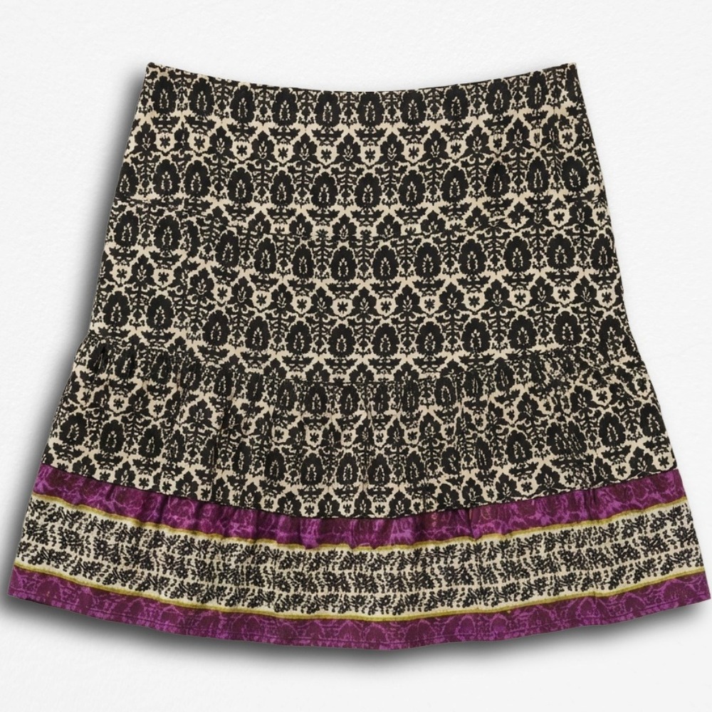 Boho Damask Tiered Mini Skirt Black Cream Purple Ruffle Hem A-Line Skirt
